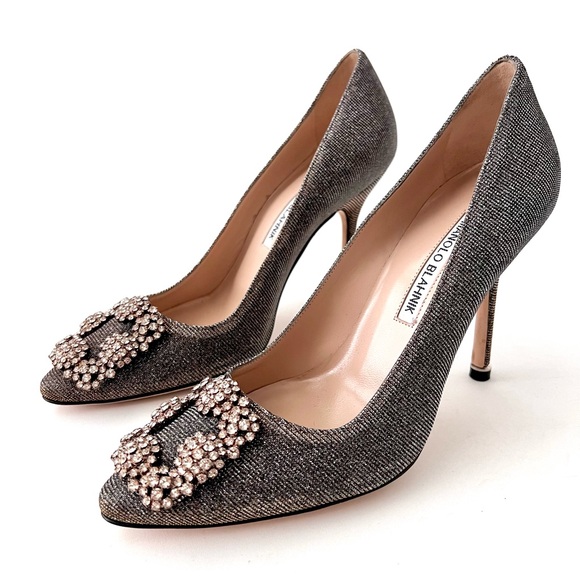 MANOLO BLAHNIK | Hangisi Dark Gold Glitter Fabric Jewel Buckle Pumps EU 37 US 7 - Picture 2 of 14